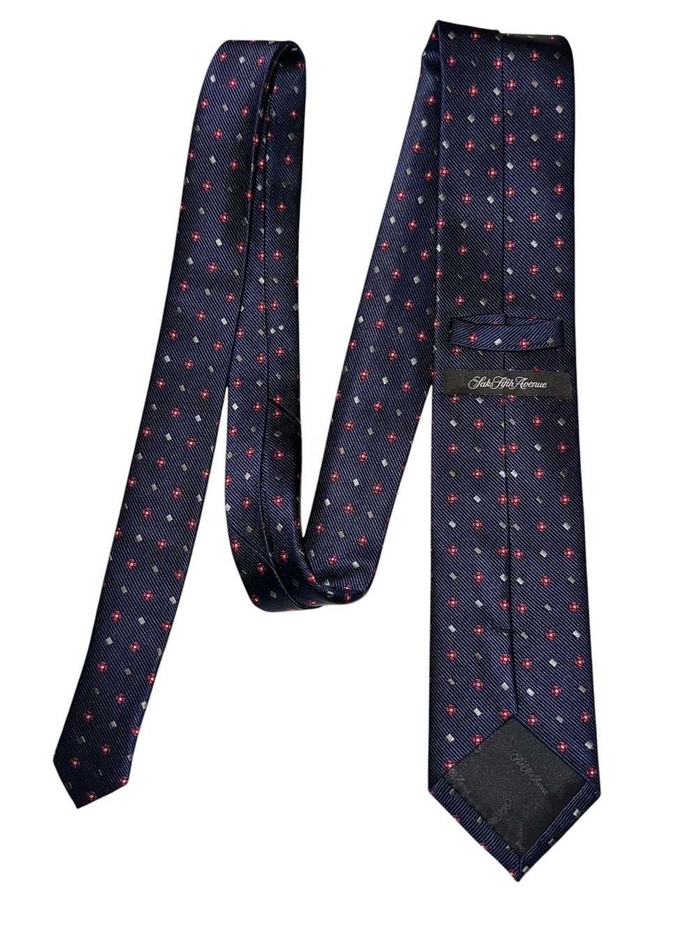Vtg Saks Fifth Avenue Tie Made in Italy Navy Blue Geometric Silk Foulard 60x3”
